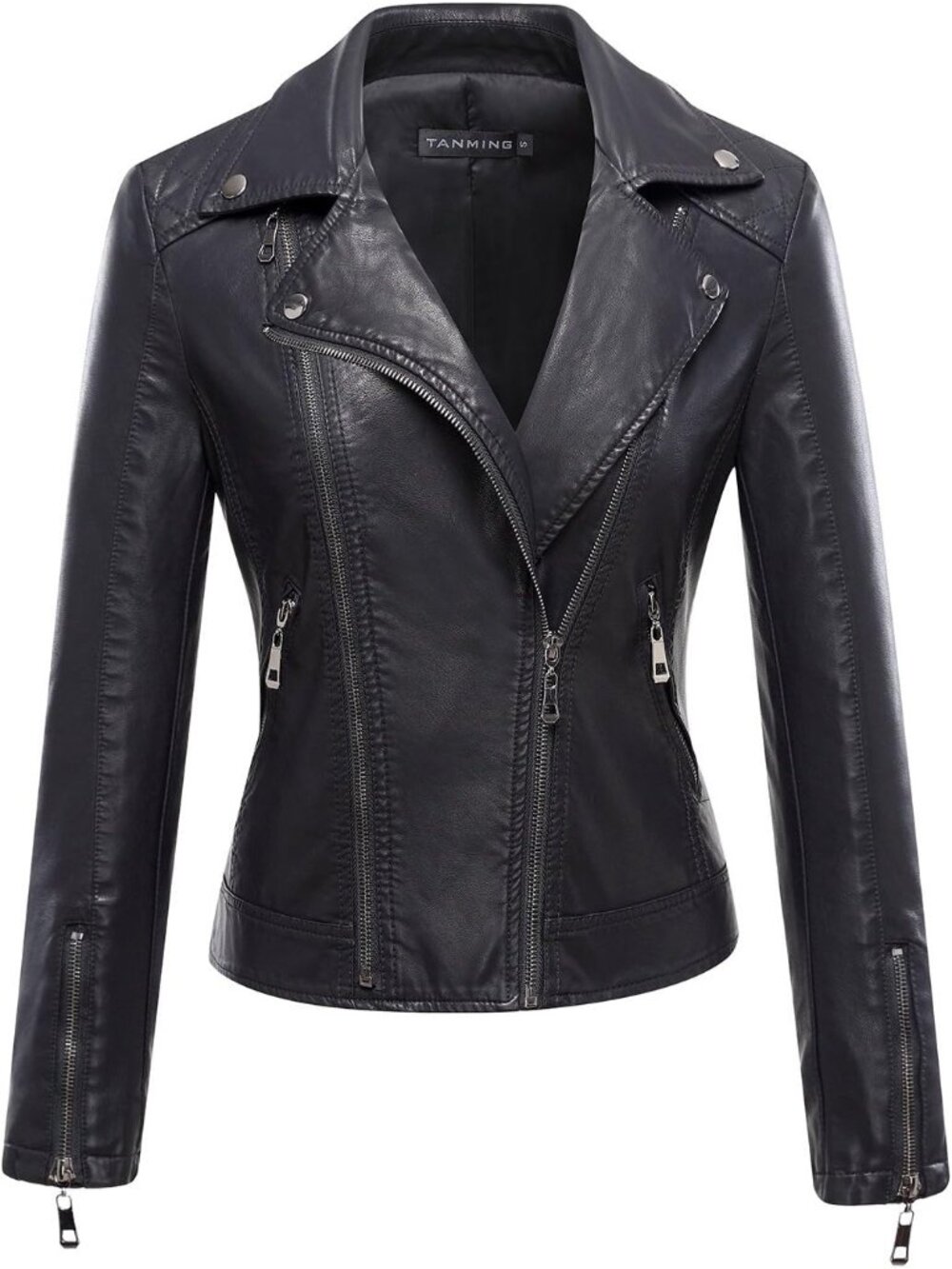 Women's Black 2 Faux Leather Moto Biker Jacket Slim Fit Zip Up Casual Short Coat